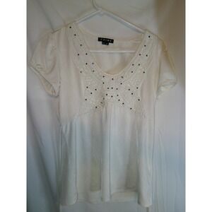 Chime Embellished Top Blouse Short Sleeve V-Neck Casual White‎ Size M